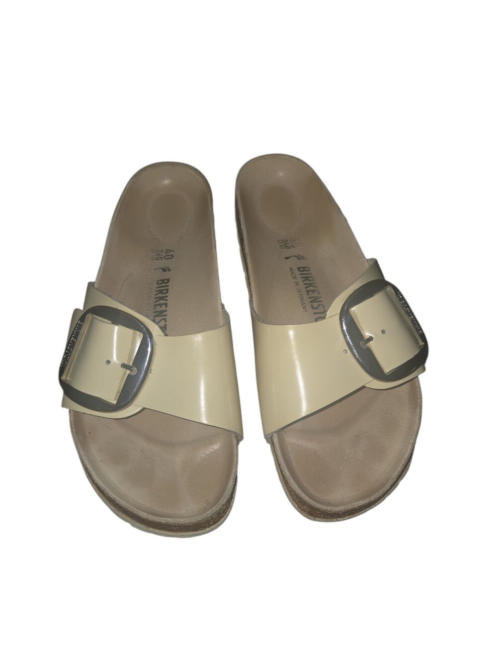 Birkenstock Madrid Patent Leather Slide Sandals in Cream